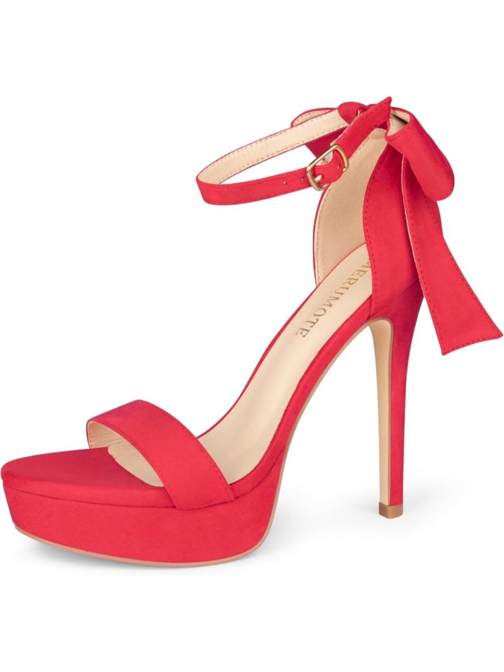 Women's Red Suede Faux Leather Stiletto Back Bow Open Toe High Heeled Sandals